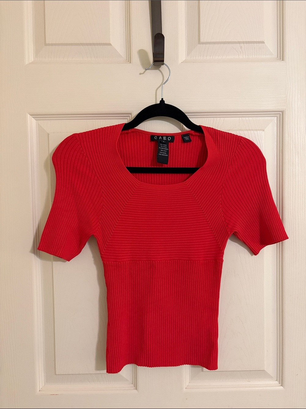 Red Ribbed Short-Sleeve Knit Top